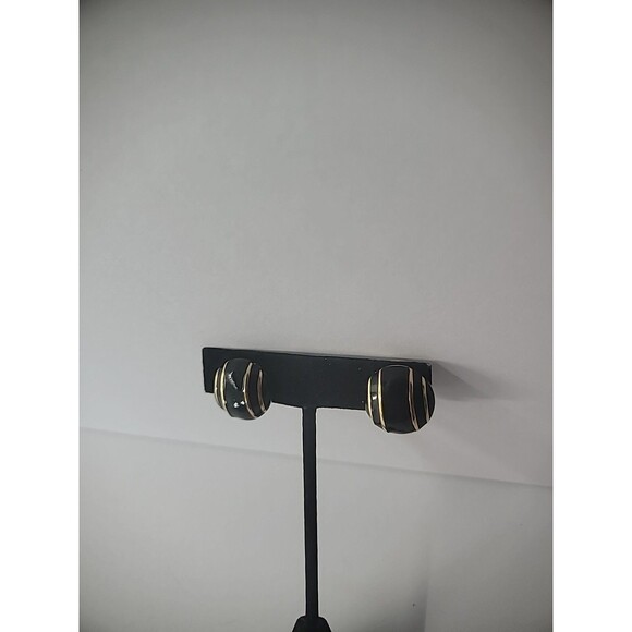 Vintage Monet Earrings Clip On Round Black Gold Tone Accents Jewelry Costume - Picture 5 of 11